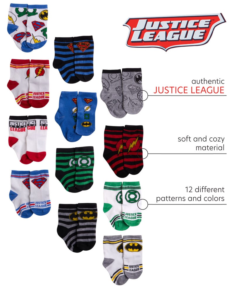 DC Comics Baby Boys/Girls 12 Pack Socks: Batman, Wonder Woman, Superman, Justice League, Super Girl, Size Age 0-6M, Green/Blue/Red Justice League - Image 2